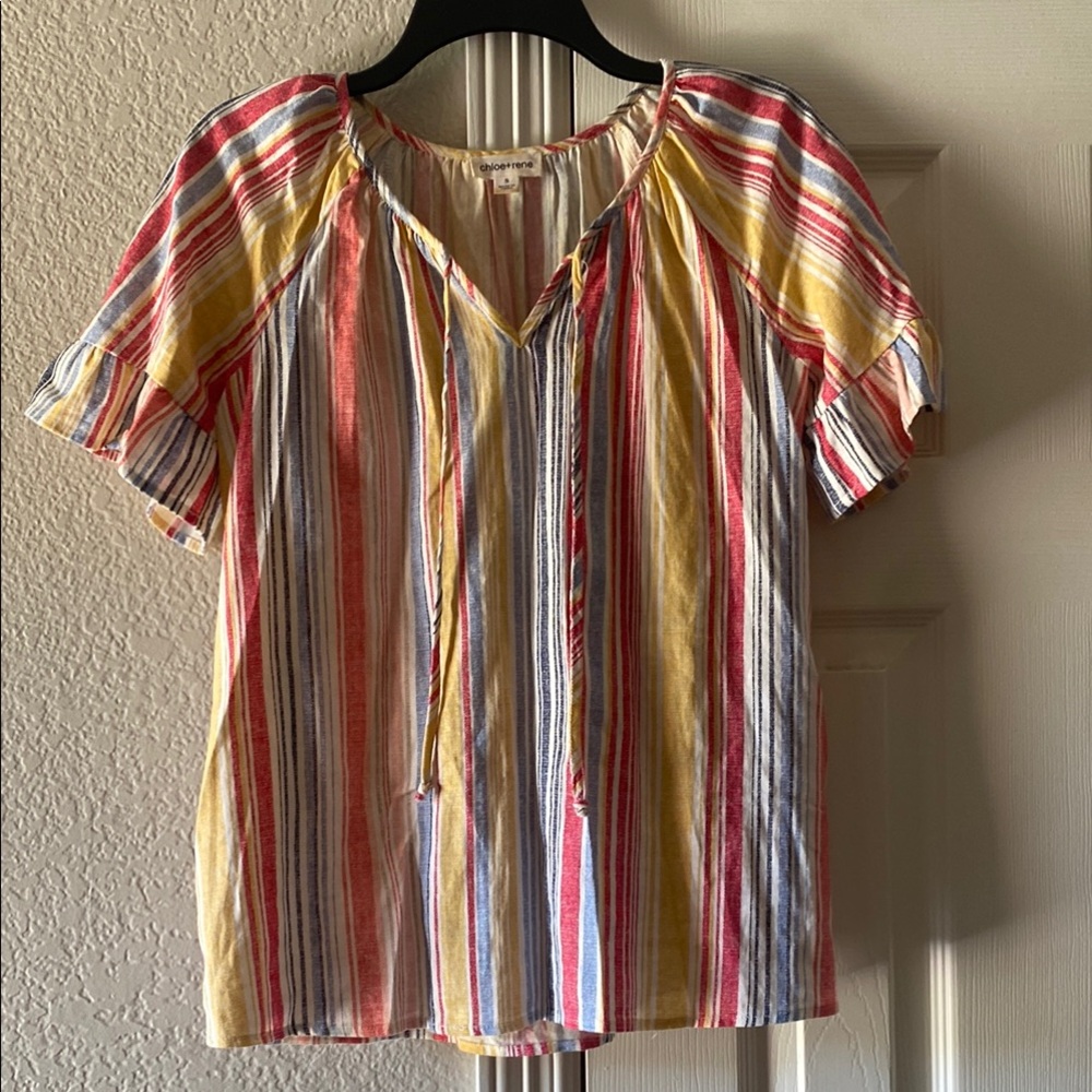 Chloe + Rene Flutter Sleeve Red Blue and Yellow Blouse